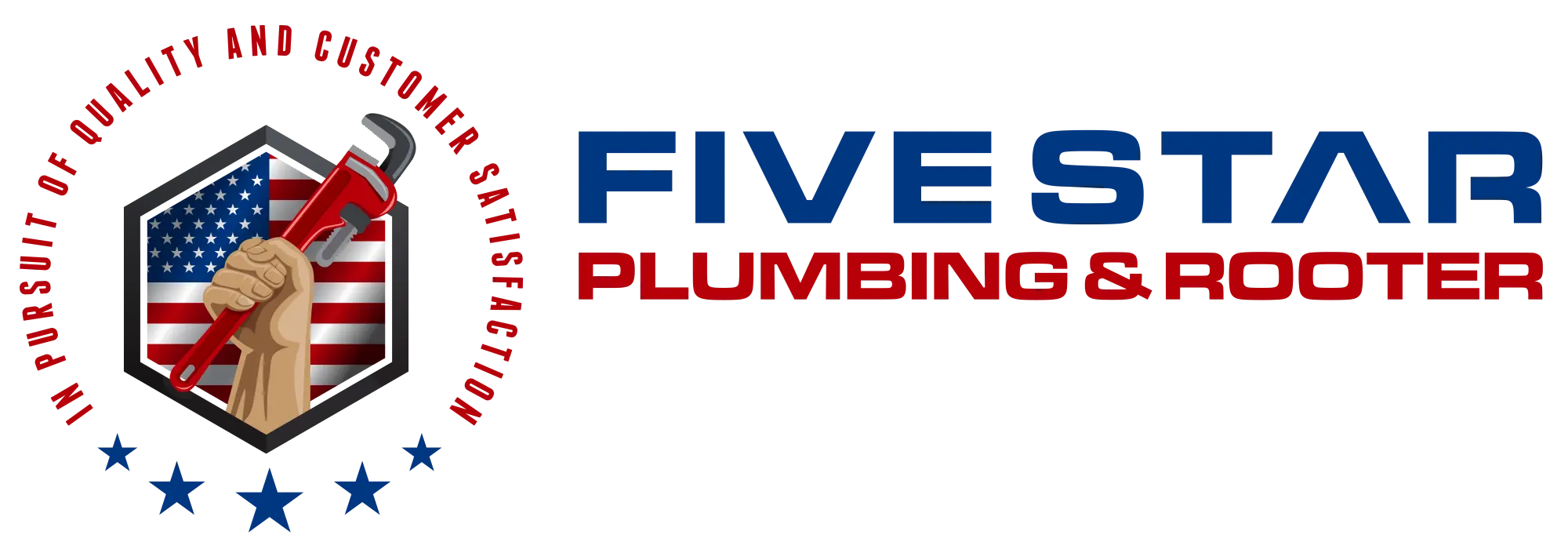Five Star Plumbing & Rooter logo with a fist holding a red pipe wrench over a shield with an American flag design and text around the shield.