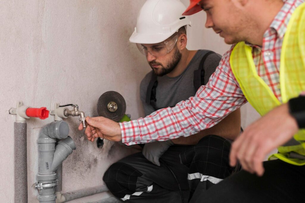 Two workers in safety gear inspect and adjust a valve on a wall-mounted pipe system indoors in repiping san francisco.