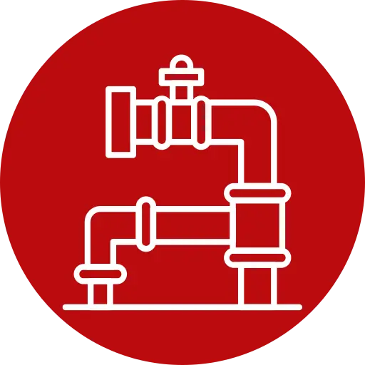 construction - Five Star Plumbing & Rooter White outline of industrial pipes and valves on a solid red circular background.
