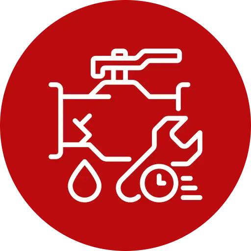 emergency-services - Five Star Plumbing & Rooter White line icon of a valve, wrench, water droplet, and clock on a red circular background, representing plumbing or scheduled maintenance.