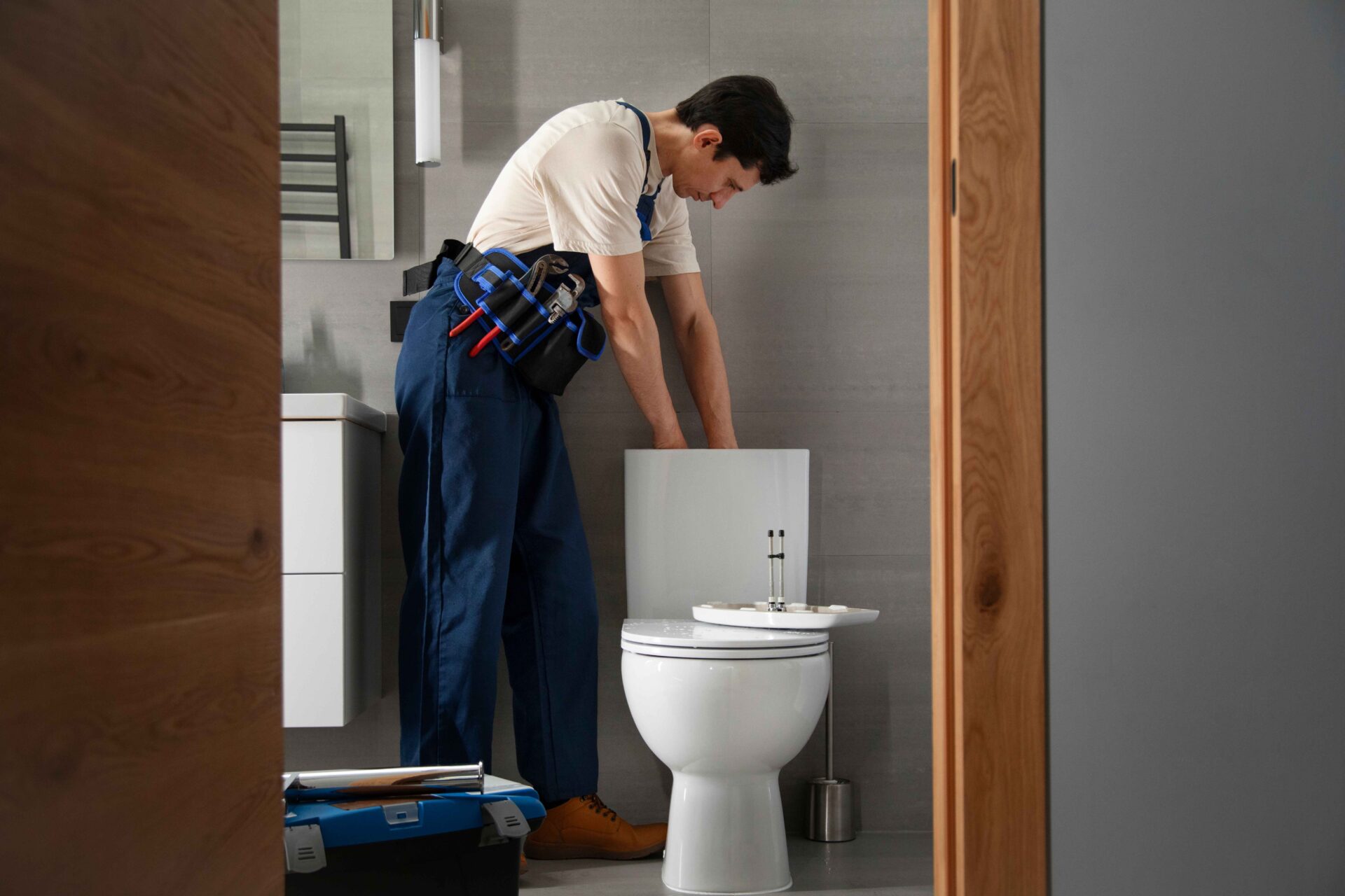 A plumber in work overalls repairs a toilet tank in a modern bathroom, with tools in his belt and a toolbox nearby toilet repair san francisco.