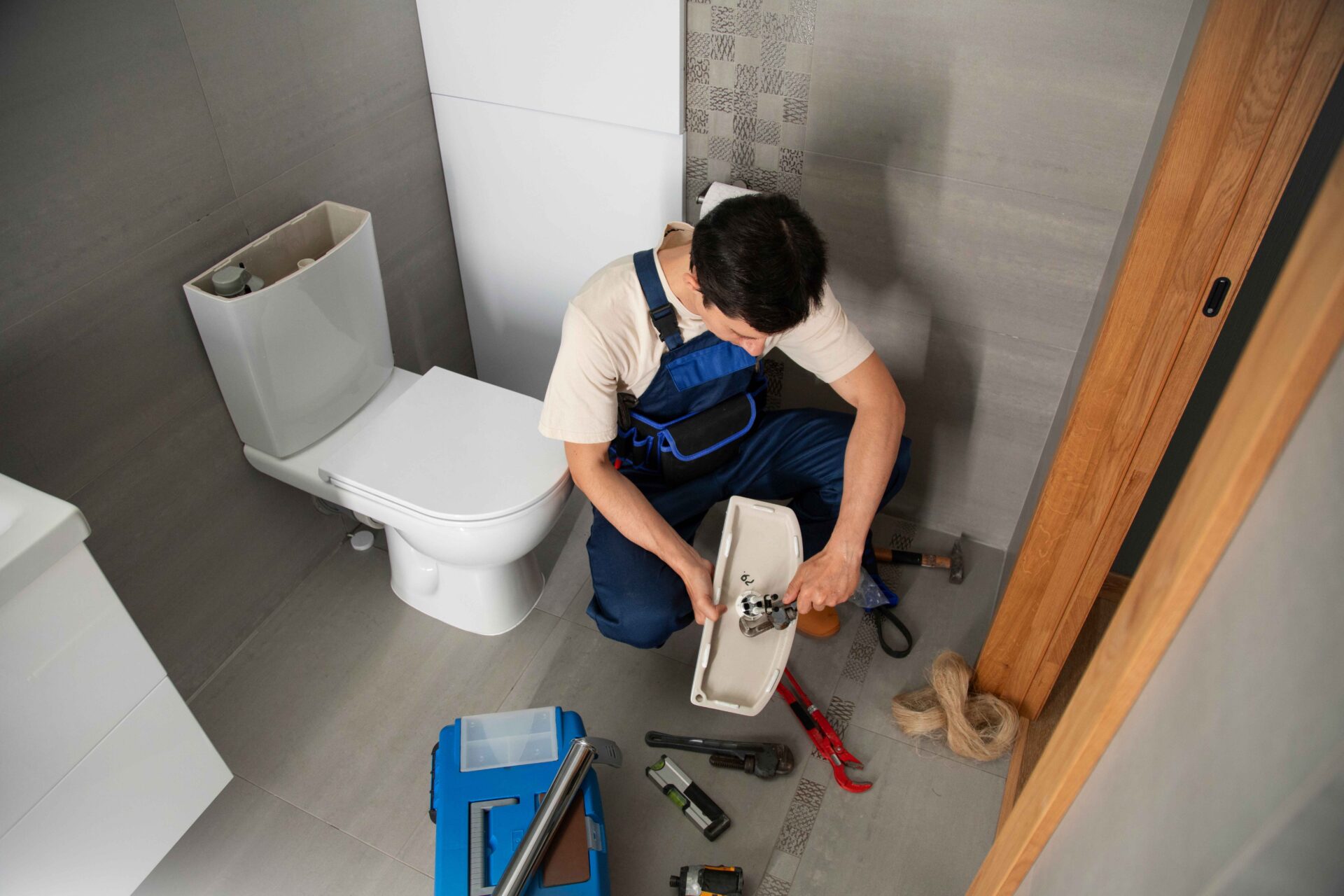 A plumber in overalls repairs a toilet tank in a bathroom, surrounded by tools and equipment on the floor.