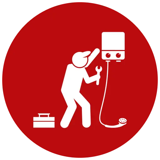 repair - Five Star Plumbing & Rooter White icon of a person with a wrench repairing a wall-mounted device, with a toolbox nearby, on a red circular background.