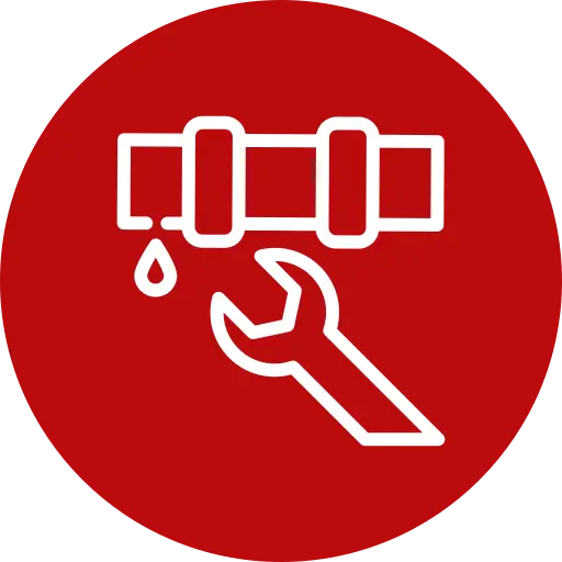 repairing - Five Star Plumbing & Rooter White icon of a leaking pipe with a wrench underneath on a red circular background, representing plumbing or pipe repair.