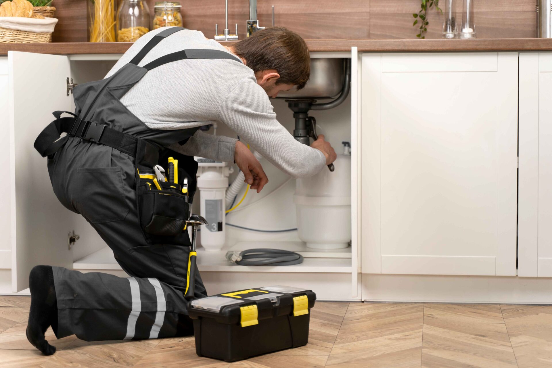 A plumber in work overalls kneels and repairs pipes under a kitchen sink, with a toolbox and plumbing tools nearby emergency plumber san francisco.