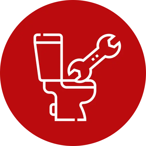 toilet - Five Star Plumbing & Rooter White outline of a toilet with a wrench over it, set against a solid red circular background, symbolizing plumbing or toilet repair services.