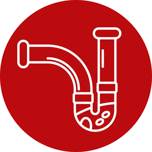 unclogging - Five Star Plumbing & Rooter White outline of a clogged pipe with water inside, shown on a solid red circular background.