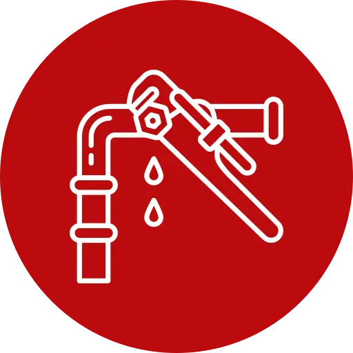 water-pipe - Five Star Plumbing & Rooter White outline of a pipe with a wrench and dripping water, set against a solid red circular background.