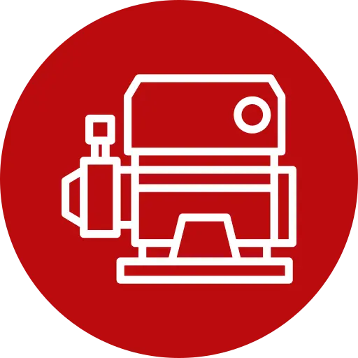 water-pump - Five Star Plumbing & Rooter White line drawing of an industrial machine or motor on a solid red circular background.
